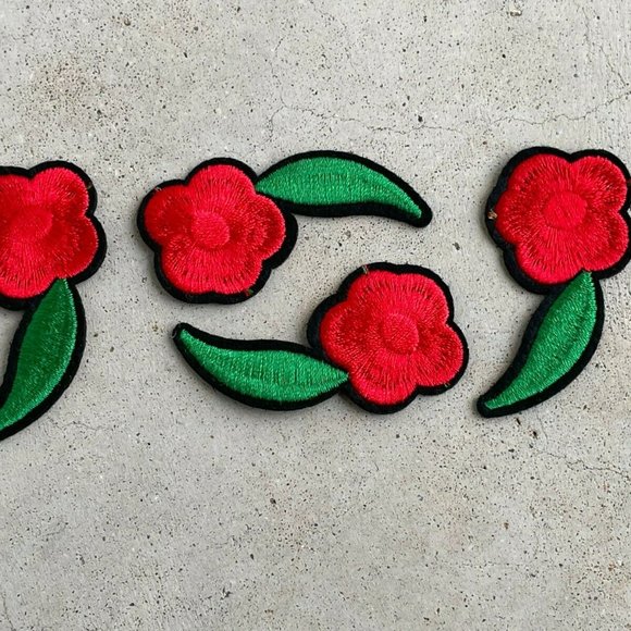 Red Flower With Green Leaf Patches Iron On Embroidery Applique Patches Lot of 4 - Picture 3 of 9